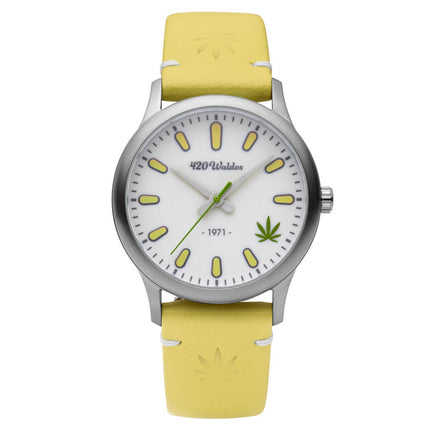 420Waldos Women's Quartz Watch - Mary Jane White Dial Yellow Leather Strap | W2006 ,