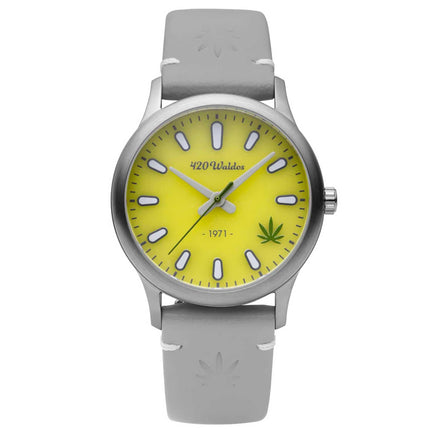 420Waldos Women's Quartz Watch - Mary Jane Yellow Dial Grey Leather Strap | W2009 ,