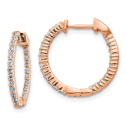 14k Rose Gold Polished Diamond In and Out Hinged Hoop Earrings ,