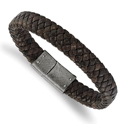 Stainless Steel Brushed Brown Braided Genuine Leather 8.25in Bracelet ,