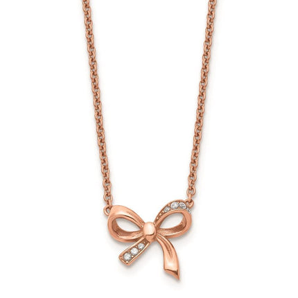 Stainless Steel Polished Pink IP plated CZ Bow with 1.75in ext. Necklace ,