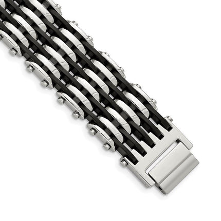 Stainless Steel Black Rubber 8.5in Bracelet ,