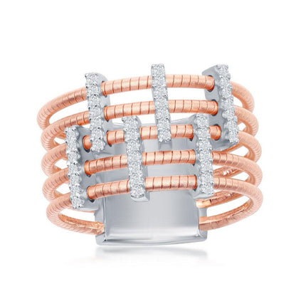 Sterling Silver 14K Rose Gold Designer CZ Bonded Ring, Size 7 ,