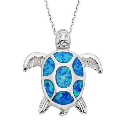 Sterling Silver Blue Inlay Opal Turtle Pendant ,