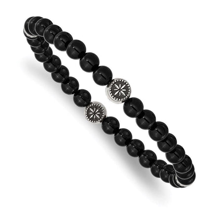 Stainless Steel Antiqued & Polished Black Agate Beaded Stretch Bracelet ,