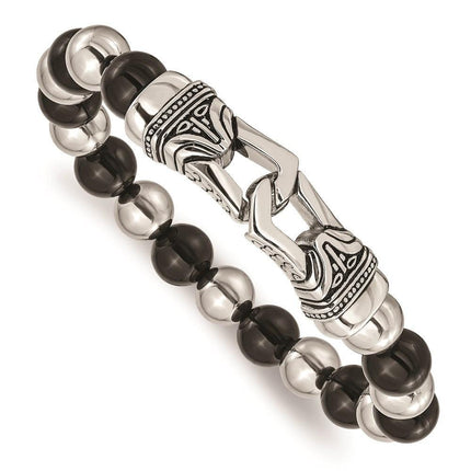 Stainless Steel Polished Antiqued Black Agate Stretch Bracelet ,