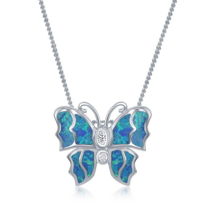 Sterling Silver Blue Inlay Opal Butterfly Pendant ,