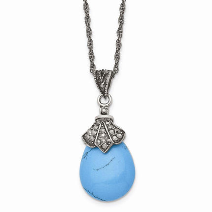 Stainless Steel Simulated Turquoise/Marcasite Antiqued Necklace ,