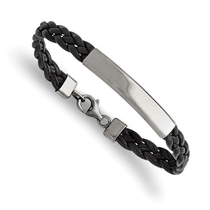 Stainless Steel Polished Leather ID Bracelet ,