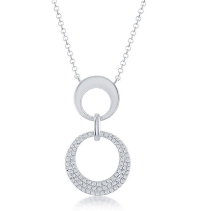 Sterling Silver Shiny and Micro Pave Open Circle Necklace ,