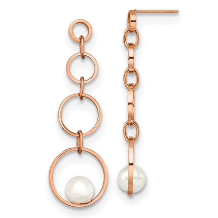 Stainless Steel Polished Rose IP-plated Simulated Pearl Post Dangle Earring ,