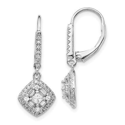 14k White Gold Diamond Leverback Earrings ,