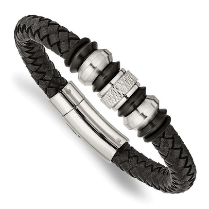 Stainless Steel Brushed/Polished Blk Leather Blk IP Blk Rubber Bracelet ,