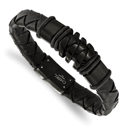Stainless Steel Brushed Black IP-plated Black Leather Bracelet ,