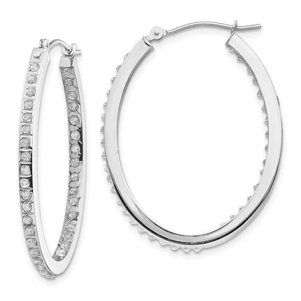 14k White Gold Diamond Fascination Oval Hinged Hoop Earrings ,