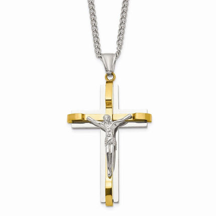 Stainless Steel Polished Yellow IP Crucifix Necklace ,