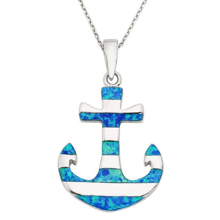 Sterling Silver Blue Inlay Opal Anchor Pendant ,