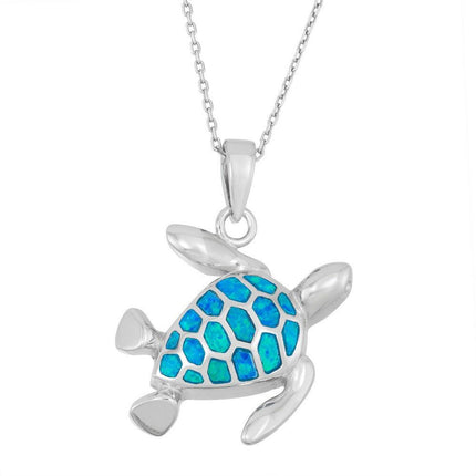 Sterling Silver Blue Inlay Opal Turtle Pendant ,