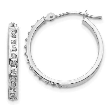 14k White Gold Diamond Fascination Round Hinged Hoop Earrings ,