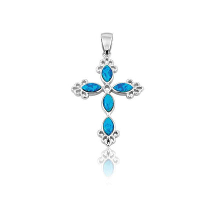 Sterling Silver Blue Inlay Opal Fancy Cross Pendant ,