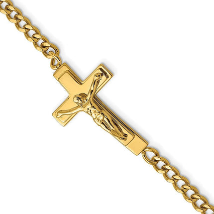 Stainless Steel Polished Yellow IP-plated Crucifix 8in Bracelet ,