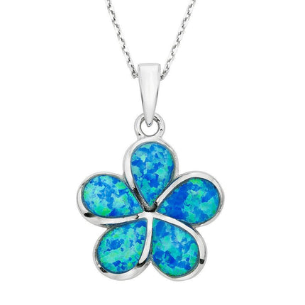 Sterling Silver Blue Inlay Opal Flower Pendant ,