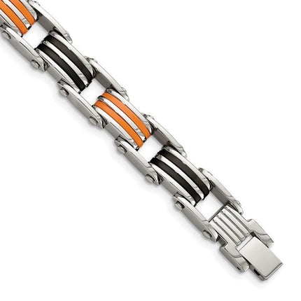 Stainless Steel Black and Orange Rubber 8.5in Bracelet ,