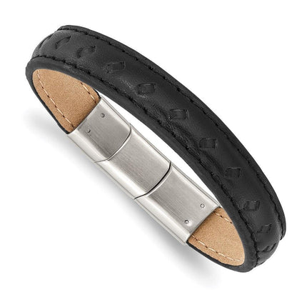Stainless Steel Polished Black Leather w/.5in ext 7.75in Bracelet ,
