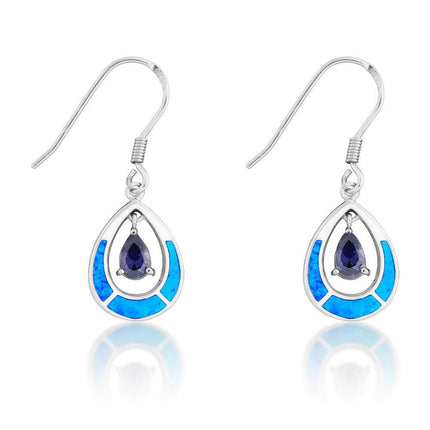 Sterling Silver Blue Inlay Opal Open Oval Earrings ,