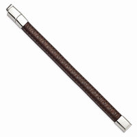 Stainless Steel Polished Brown Leather w/.5in ext 7.75in Bracelet ,