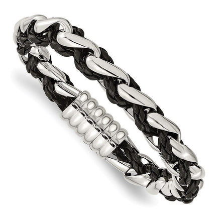 Stainless Steel Polished Black Leather Bracelet ,