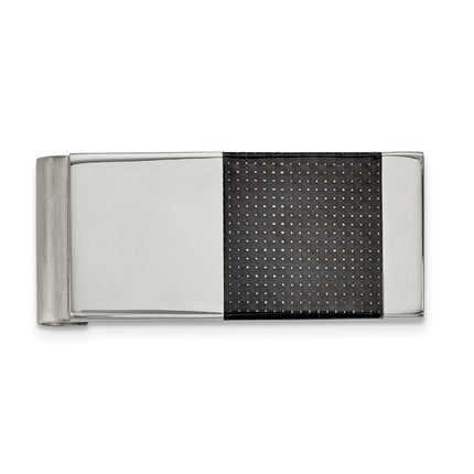 Stainless Steel Brushed and Polished Black Carbon Fiber Inlay Money Clip ,