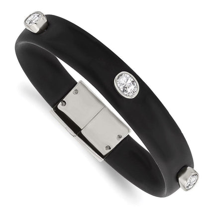 Stainless Steel Polished CZ Silicone Band Bracelet ,
