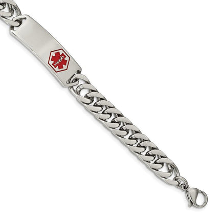 Stainless Steel Polished with Red Enamel 8.5in Medical ID Bracelet ,