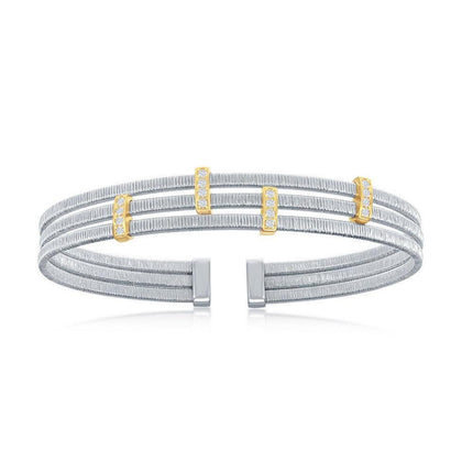 Sterling Silver Bonded with 14K GP CZ Bars Triple Wire Bangle ,