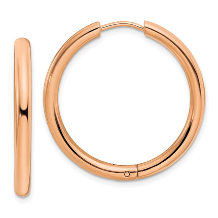 Stainless Steel Polished Rose IP-plated 3mm Hinged Hoop Earrings ,