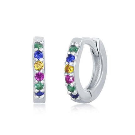 Sterling Silver Rainbow CZ Huggie Hoop Earrings ,