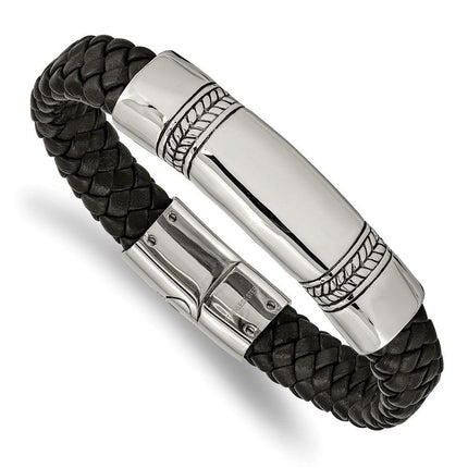 Stainless Steel Antiqued and Polished Black Leather 8.25in ID Bracelet ,