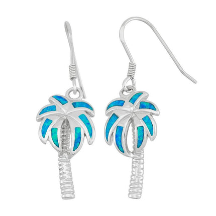 Sterling Silver Blue Inlay Opal Palm Tree Earrings ,
