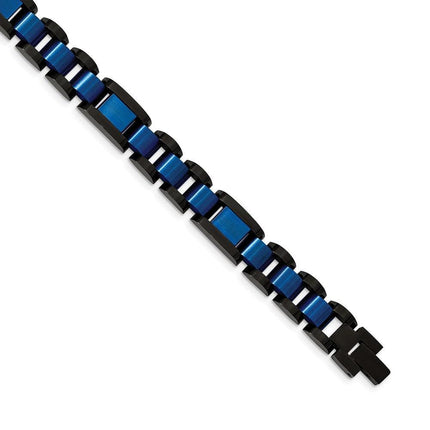 Stainless Steel Brushed & Polished Black & Blue IP-plated 8.75in Bracelet ,