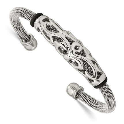 Stainless Steel Polished Black Rubber Bracelet ,