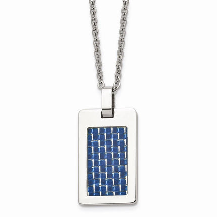 Stainless Steel Polished with Blue Carbon Fiber Inlay Dog Tag Necklace ,