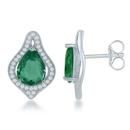 Sterling Silver Simulated Emerald Teardrop Earrings ,