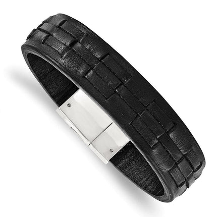 Stainless Steel Polished Black Leather Bracelet ,