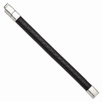 Stainless Steel Polished Black Leather w/.5in ext 7.75in Bracelet ,