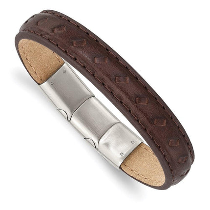 Stainless Steel Polished Brown Leather w/.5in ext 7.75in Bracelet ,