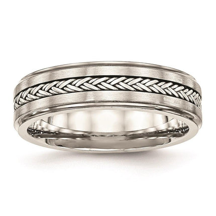 Stainless Steel Polished & Brushed w/Silver Braid Inlay Ring ,