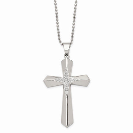 Stainless Steel Polished CZ Cross Necklace ,