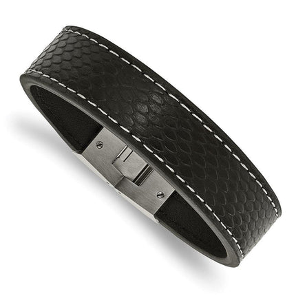 Stainless Steel Polished Black Leather Bracelet ,