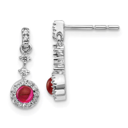 14k White Gold Diamond & Cabochon Ruby Earrings ,